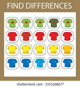 Developing activity for children - find the difference. Logic game for children. Find an extra  t-shirts