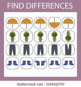 Developing activity for children - find the difference. Logic game for children. Find an extra umbrella, raincoat, pants, boots