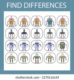 Developing activity for children - find the difference. Logic game for children. Find an extra robots