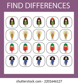Developing activity for children - find the difference. Logic game for children. Find an extra dolls