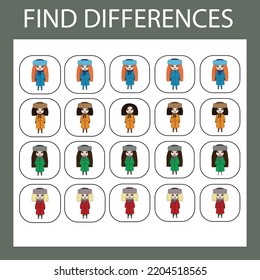 Developing activity for children - find the difference. Logic game for children. Find an extra dolls