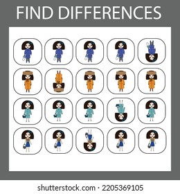 Developing activity for children - find the difference. Logic game for children. Find an extra dolls