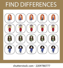 Developing activity for children - find the difference. Logic game for children. Find an extra dolls