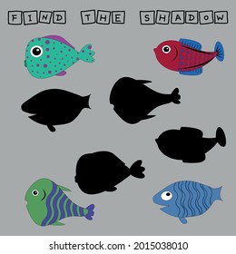 Developing activity for children, find a pair among identical of  funny fishes . Logic game for children. 