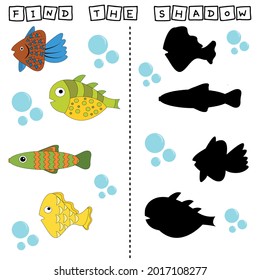 Developing activity for children, find a pair among identical of  funny fishes . Logic game for children. 