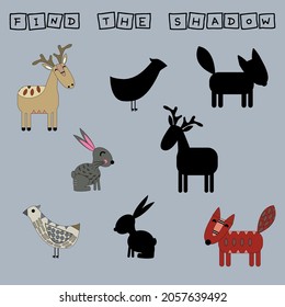 Developing activity for children, find a pair among identical of  anilmals funny deer, rabbits, fox, bird . Logic game for children. 