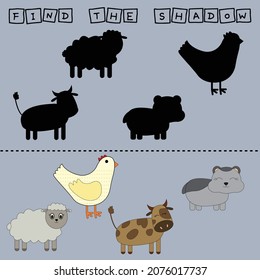 Developing activity for children, find a pair among identical of  sheep, chicken, cow, hamster. Logic game for children.
