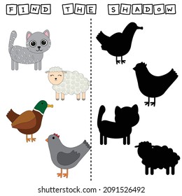 Developing activity for children, find a pair among identical of  cat, sheep, duck, chicken. Logic game for children.
