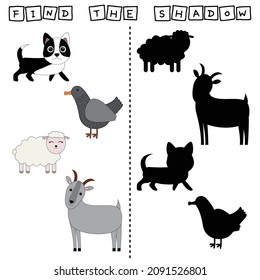 Developing activity for children, find a pair among identical of  dog, duck, sheep, goat. Logic game for children.
