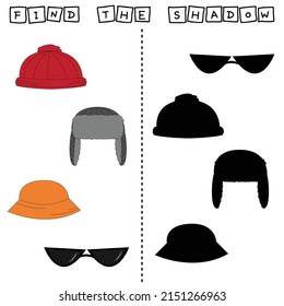 Developing activity for children, find a pair among identical of   clothes   hat,panama,sunglasses. Logic game for children.