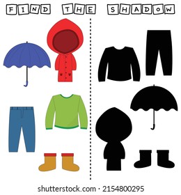 Developing activity for children, find a pair among identical of   clothes raincoat, umbrella, pants, boots, long sleeve. Logic game for children.