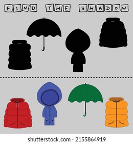 Developing activity for children, find a pair among identical of   clothes   vest, coat, raincoat, umbrella. Logic game for children.