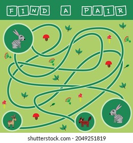 Developing activity for children - labyrinth, find a pair of rabbits. Logic game for children.
