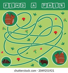 Developing activity for children - labyrinth, find a pair of squirrels. Logic game for children.