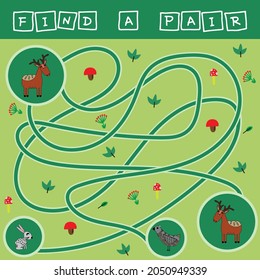 Developing activity for children - labyrinth, find a pair of deer. Logic game for children.