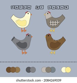 Developing activity for children -  match the  chicken by  color. Logic game for children.
