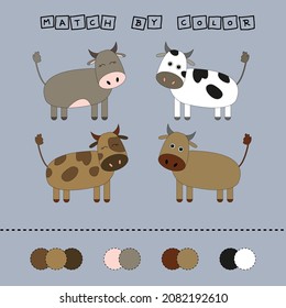 Desarrollar la actividad para los niños - igualar la vaca por color. Juego lógico para niños.
