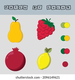 Developing activity for children -  match the   pear, strawberry, pomegranate, lemon  by  color. Logic game for children.
