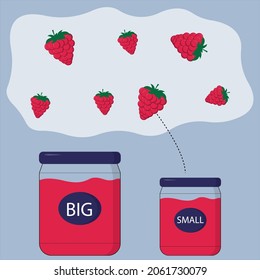 Developing activity for children, sort raspberries into small and large ones according to jars. Logic game for children.