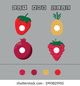 Developing an activity for children, the task is to cut and glue a piece on the fruites fresh  raspberries, strawberries, pomegranate and pineapple. Logic game for children.