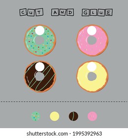 Developing an activity for children, the task is to cut and glue a piece on the colorful donuts. Logic game for children.