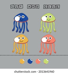 Developing an activity for children, the task is to cut and glue a piece on colorful cute jellyfish . Logic game for children.