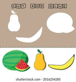 Developing an activity for children, the task is to cut and glue a piece on colorful fruites: watermelon, pear, banana . Logic game for children.