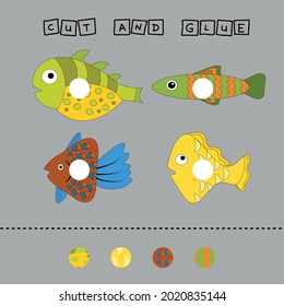 Developing an activity for children, the task is to cut and glue a piece on colorful cute fishes . Logic game for children.