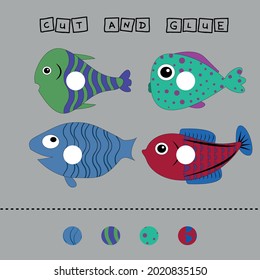 Developing an activity for children, the task is to cut and glue a piece on colorful cute fishes . Logic game for children.