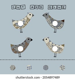 Developing an activity for children, the task is to cut and glue a piece on colorful cute bird. Logic game for children.