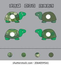 Developing an activity for children, the task is to cut and glue a piece on colorful cute turtles. Logic game for children.