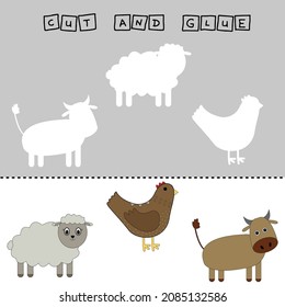 Developing an activity for children, the task is to cut and glue a piece on colorful cute sheep,chicken,cow. Logic game for children.