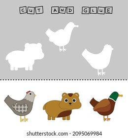 Developing an activity for children, the task is to cut and glue a piece on colorful cute chicken,hamster,duck. Logic game for children.
