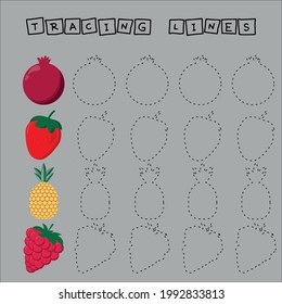 Developing an activity for children, the tracing  the lines of fruites fresh  raspberries, strawberries, pomegranate and pineapple. Logic game for children.