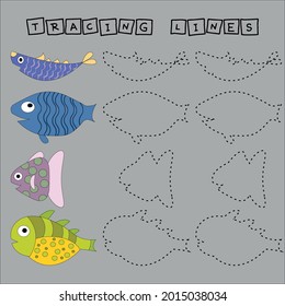 Developing an activity for children, the tracing  the lines of cute fishes. Logic game for children.