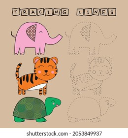 Developing an activity for children, the tracing  the lines of cute turtle, tiger, elephant. Logic game for children.
