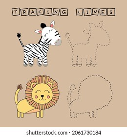 Developing an activity for children, the tracing  the lines of cute lioans and zebras. Logic game for children