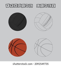 Developing an activity for children, the tracing  the lines of medical and basketball balls. Logic game for children.
