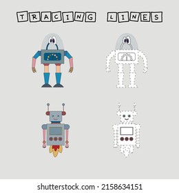 Developing an activity for children, the tracing  the lines of cute robots. Logic game for children.