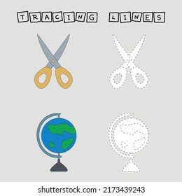 Developing an activity for children, the tracing  the lines of scissors and globe. Logic game for children.
