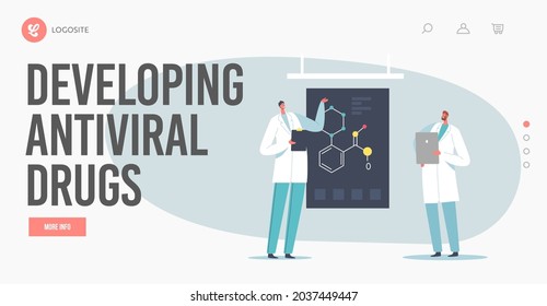 Developing Antiviral Drug Landing Page Template. Scientists Characters Explain Chemical Formula on Screen in Laboratory, Scientific Methods, Hypothesis, Conclusion. Cartoon People Vector Illustration