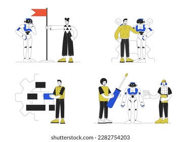 Developing artificial intelligence technologies line concept vector spot illustration pack. Editable 2D flat colour cartoon characters on white for web design. Creative ideas set for website, mobile