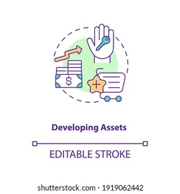Developing assets concept icon. Asset management component idea thin line illustration. Improving economic status. Financial security. Vector isolated outline RGB color drawing. Editable stroke