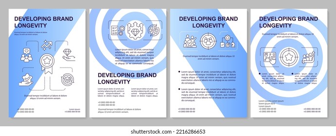 Developing brand longevity strategy blue gradient brochure template. Leaflet design with linear icons. 4 vector layouts for presentation, annual reports. Aria, Myriad Pro-Regular fonts used