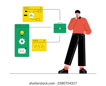 Developing business ideas to meet marketing targets in the business world, solopreneur vector illustration.