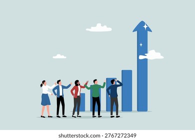 Developing a business to increase sales and profits, growth or progress to achieve goals and targets, the concept of a business team looking at a high rising arrow chart.