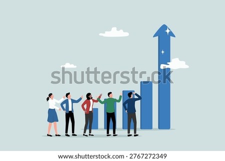Developing a business to increase sales and profits, growth or progress to achieve goals and targets, the concept of a business team looking at a high rising arrow chart.