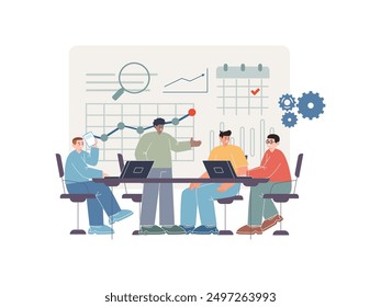 developing a business plan together four man useable discussion mind sharing idea brainstorming planning job strategy analysis group work teamwork team-mate project