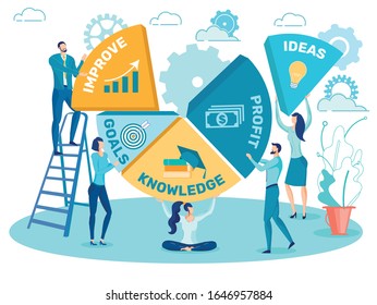 Developing Business Strategy, Starting Startup, New Company Financial Success Parts Flat Vector Concept with Businesspeople Connecting Together Puzzle with Various Business Categories Illustration