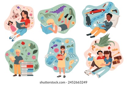 Developing children imagination through reading books concept of creative banners with kids reading books, flat vector illustration isolated on white background.